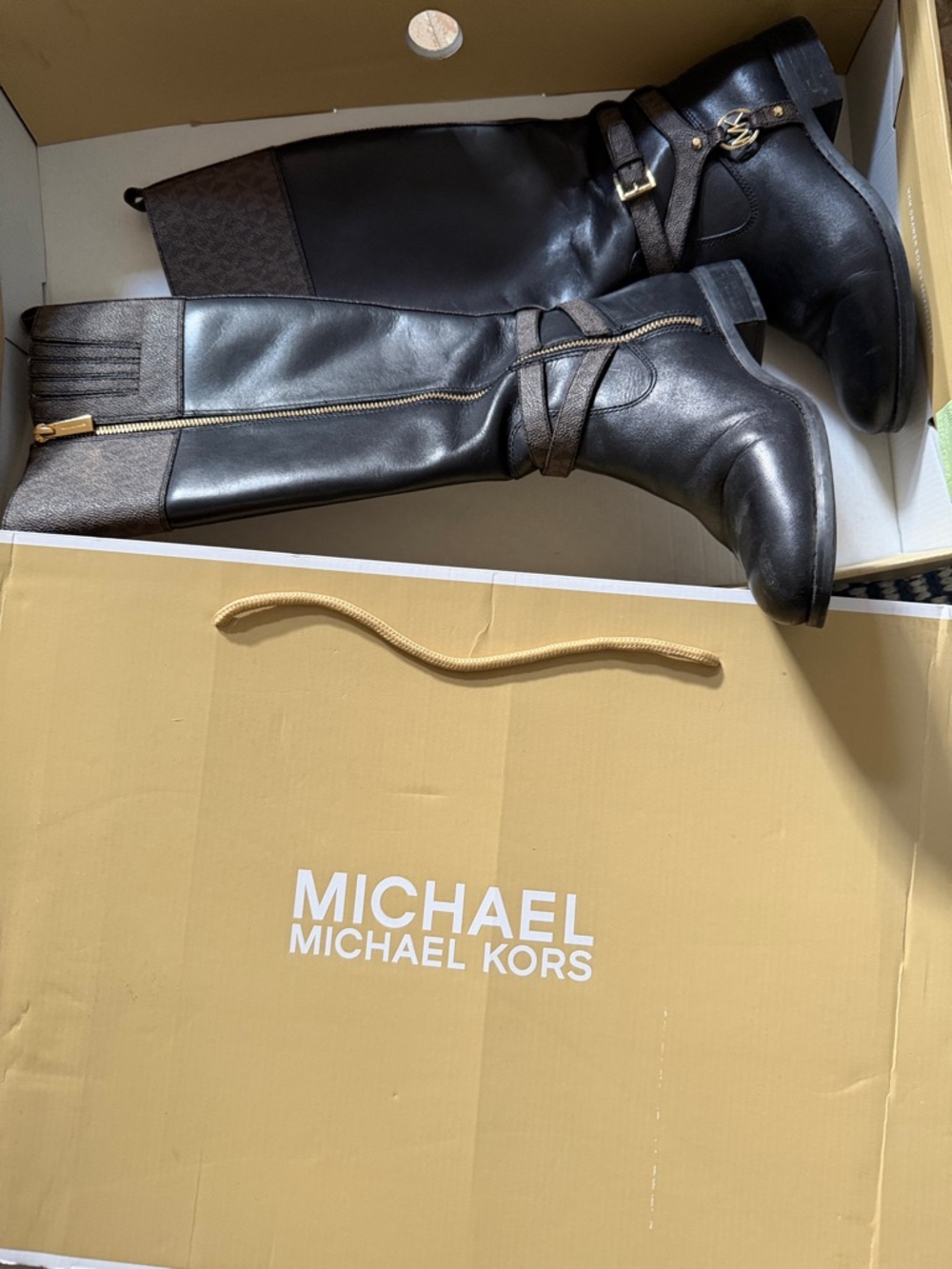 Michael Kors Black Leather and Brown Logo Panel Tall Boots